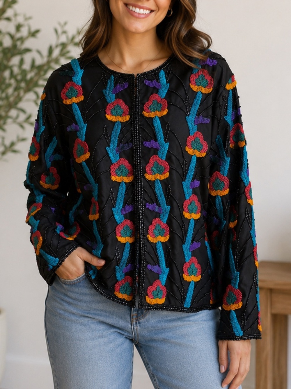 Vintage 80s Art To Wear Silk Ribbon Sequin Beaded Cocktail Statement Jacket 1X